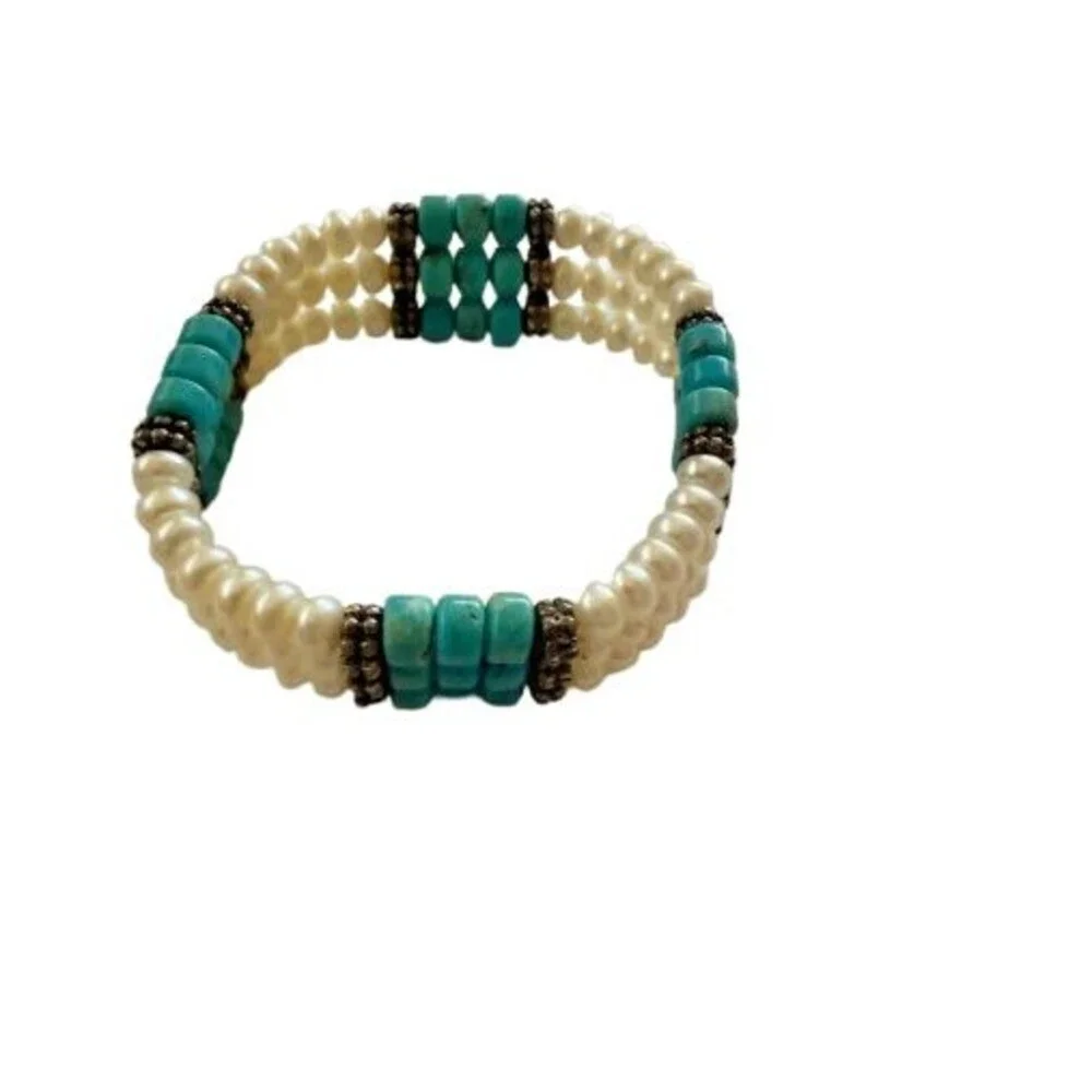 New Vintage Southwest Style Pearl And Turquoise Stretch Bracelet